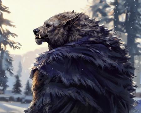 blaidd (elden ring),(masterpiece, best quality, high quality, highres, ultra-detailed),fluffy fur,anthro,solo,(werewolf:1.3),werecanid,canine,humanoid hands,standing,side view, public,(shadow:1.3),day,sunlight,winter,detailed background,freezing,<lora:bmV8r:1>,