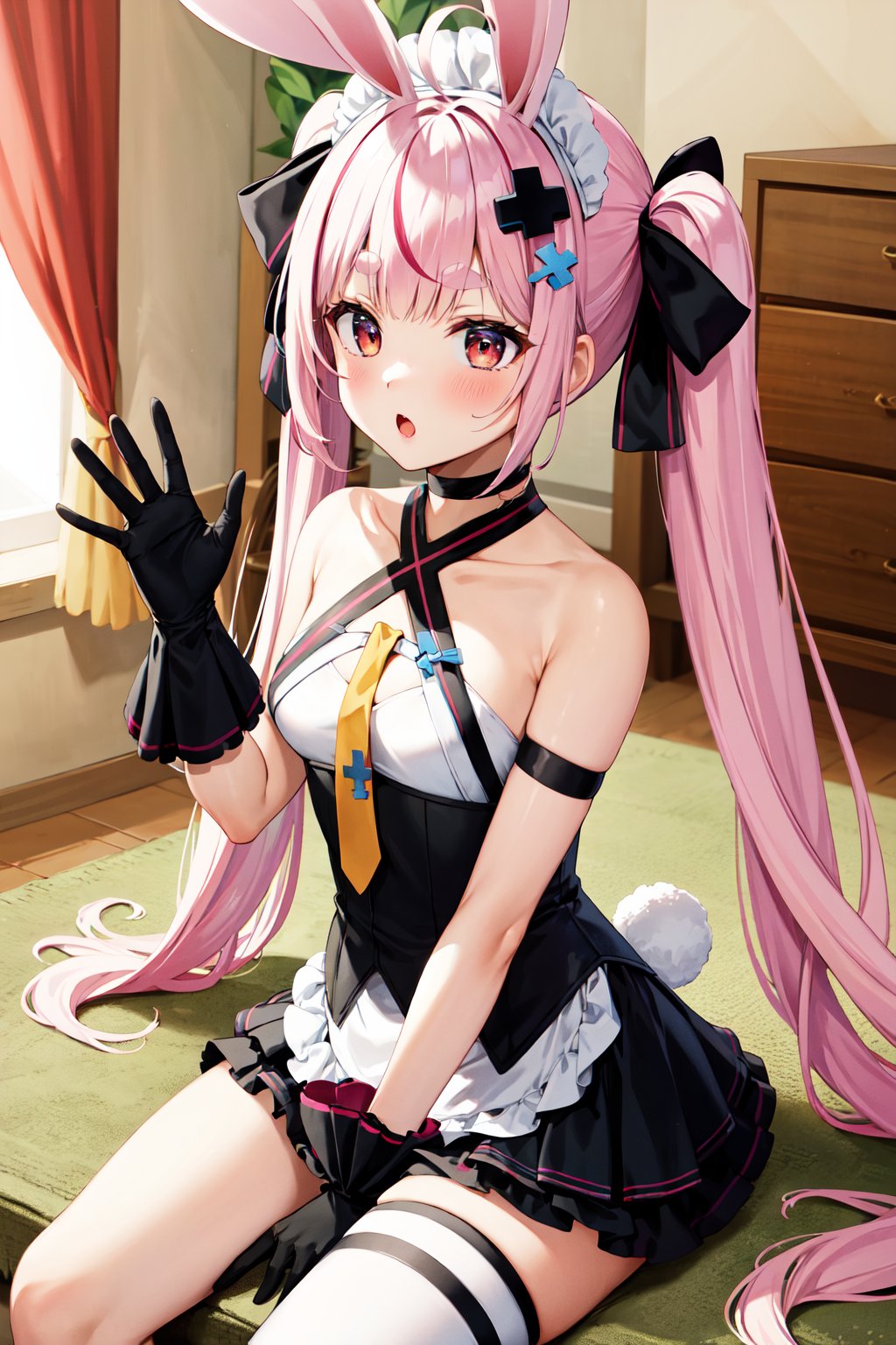 masterpiece, best quality, highres, aatomari, long hair, ahoge, twintails, hair bow, multicolored hair, rabbit ears, maid headdress, x hair ornament, thick eyebrows, choker, criss-cross halter, yellow necktie, bare shoulders, black gloves, frills, layered skirt, black skirt, single thighhigh, <lora:tomari_mari_v1:0.7>, indoors, waving, sitting, :o