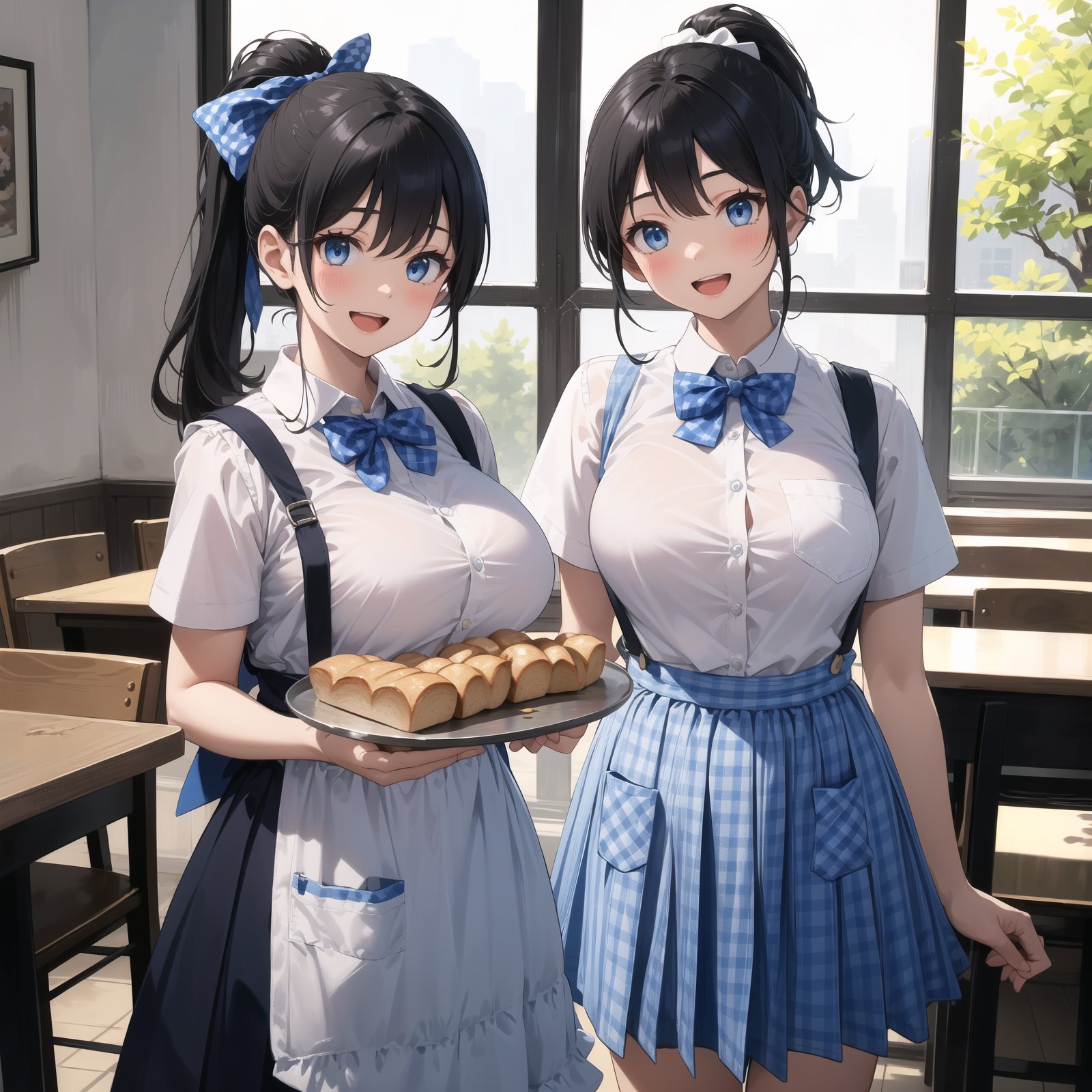 sfw, (masterpiece, best quality), (ultra detailed),(absurdres),(accurate detailed anatomy:1.3),nice hands, nice fingers,BREAK1 cute girl, solo, blue eyes, food, black hair, shirt, open mouth, bow, smile, ponytail, bread, blue skirt, huge breasts, looking at viewer, arm behind back, white shirt, blue bow, short sleeves, (blue and white gingham checkered apron), holding, bangs, indoors, bowtie, blue skirt, :d, plaid, waitress, collared shirt, tray, blue bowtie, suspenders, dress shirt, pocket, large breasts, blush, hair bow, buttons, medium breasts, window, holding tray, (kobeya uniform:1.3)