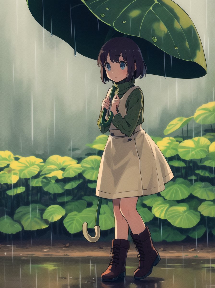 masterpiece, best quality, 1girl,leaf umbrella,leaf,pinafore dress, turtleneck, ankle boots,outdoar,rain <lora:leafumbrella:0.7>