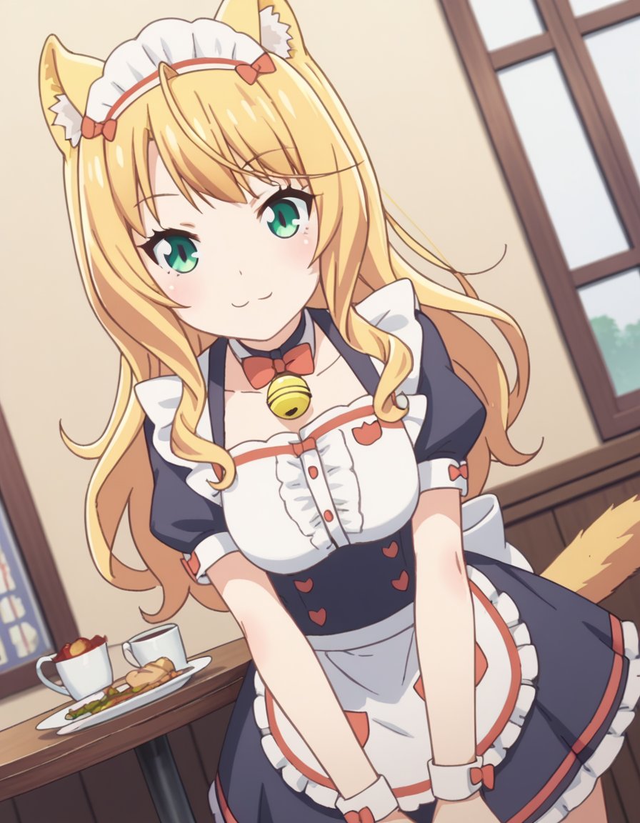 score_9, score_8_up, score_7_up, source_anime,nekoparamaple, <lora:nekopara-maple-s1-ponyxl-lora-nochekaiser:1>,maple, long hair, blonde hair, animal ears, green eyes, ahoge, cat ears, animal ear fluff, cat girl,dress, bow, tail, short sleeves, frills, bowtie, apron, cat tail, maid, maid headdress, bell, cat girl, waist apron, jingle bell, neck bell, waitress,indoors, cafe, bent over, smile,looking at viewer, solo, cowboy shot, dutch angle,