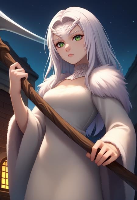 score_9, score_8_up, score_7_up, source_anime, scythe, solo, 1girl, crossbreedpriscilla, dragon girl, white fur, expressionless, looking at viewer, holding scythe, holding weapon, holding, standing, green eyes, slit pupils, fur trim, white dress, long sleeves, tail, night, outdoors <lora:darksouls_crossbreedpriscilla_ponyXL:0.9> <lora:UBW_XLPD:1.1>