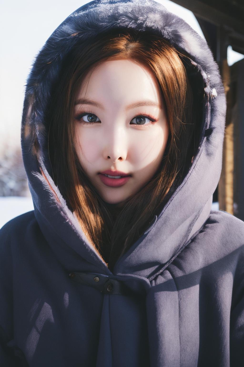 <lora:Nayeon_BRA:1>, a picture of Nayeon, winter clothes, winter coat, snow, outdoors, face crop, looking at viewer, (detailed lighting, extremely detailed skin, extremely detailed hair, shadows, 8k), masterpiece, top quality, best quality, highres, ultra-high res, ultra-detailed