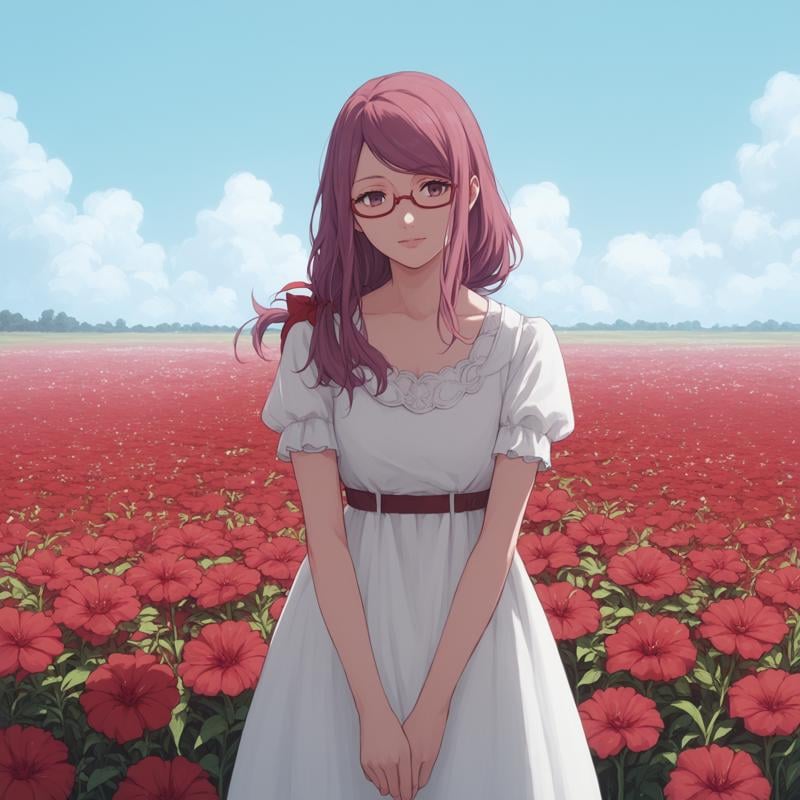 <lora:SlimesRize-000005:1>,  score9_up, score8_up, score7_up, score6_up, slimes_rize, woman, solo, dress, red glasses, red flower field background