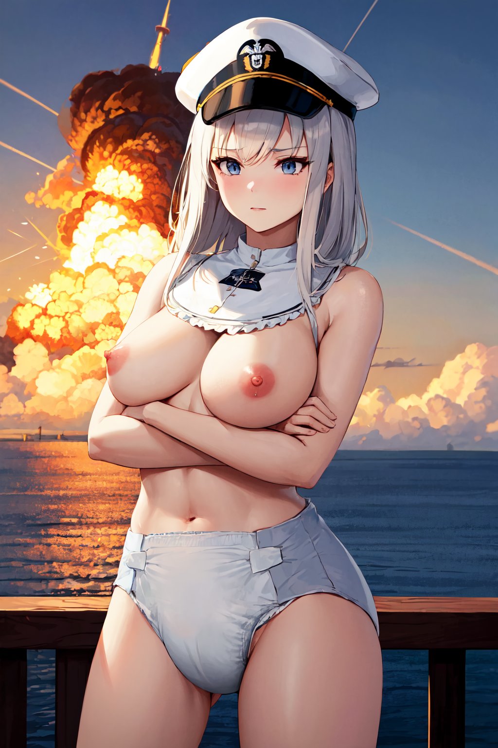 masterpiece, best quality, highres, 1girl, diaper, nipples, bib, <lora:diaper_10:0.8>, aaenter, long hair, hat, white headwear, large breasts, <lora:enterprise_v1:0.7>, standing, crossed arms, explosion, ocean