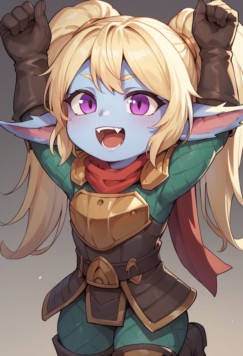 score_9, score_8_up, score_7_up, p0ppy, 1girl, yordle, colored skin, pointy ears, twintails, long hair, blonde hair, purple eyes, fang, red scarf, armor, shoulder armor, gloves, boots, <lora:Poppy_Default_v2:0.7>, happy, open mouth, arms up