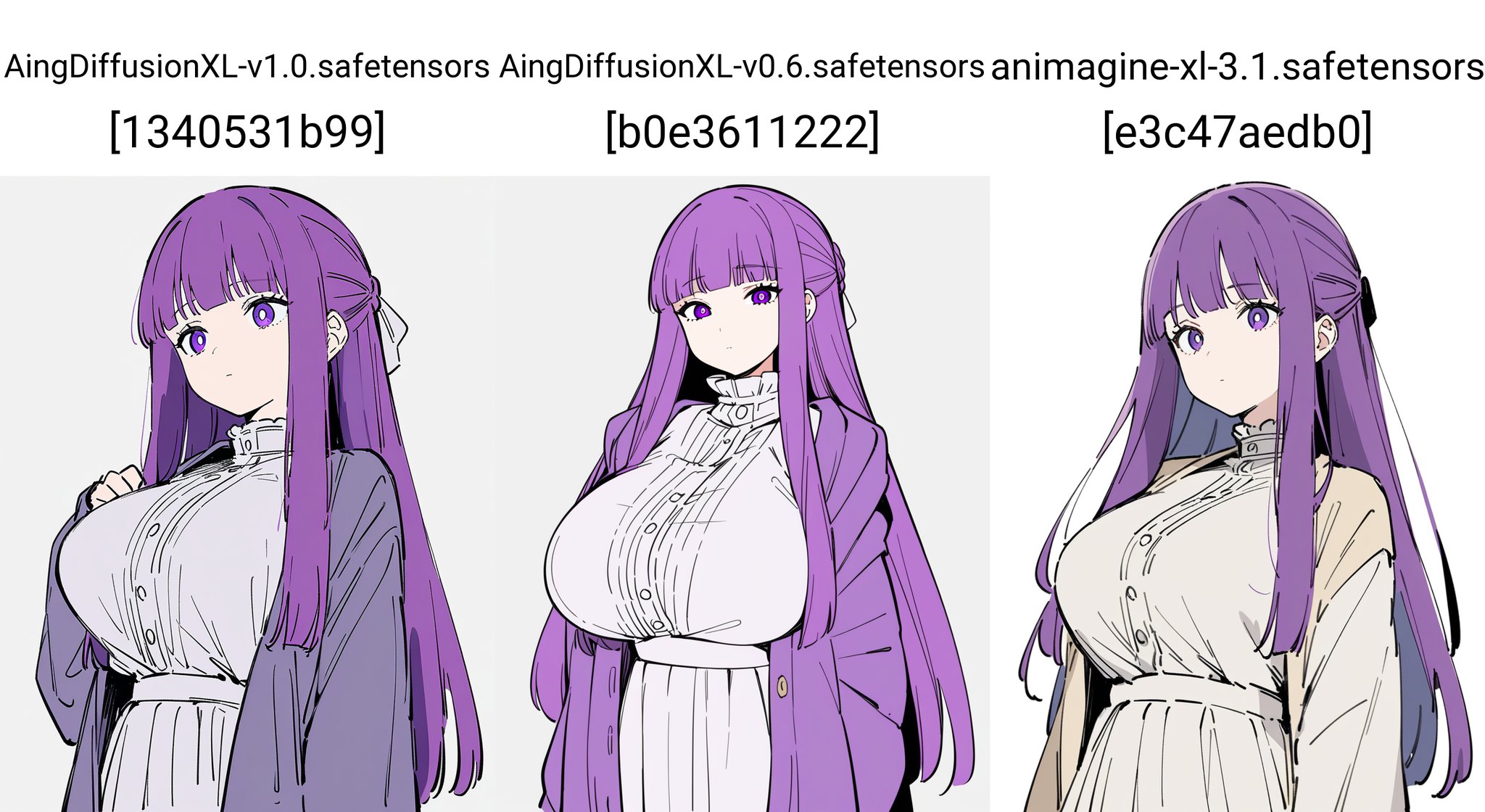 1girl, solo, fern \(sousou no frieren\), sousou no frieren, sketch, flat color,long hair, purple hair, purple eyes, braid, large breasts, dress, cardigan, expressionless,white background,masterpiece, best quality, very aesthetic, absurdres,