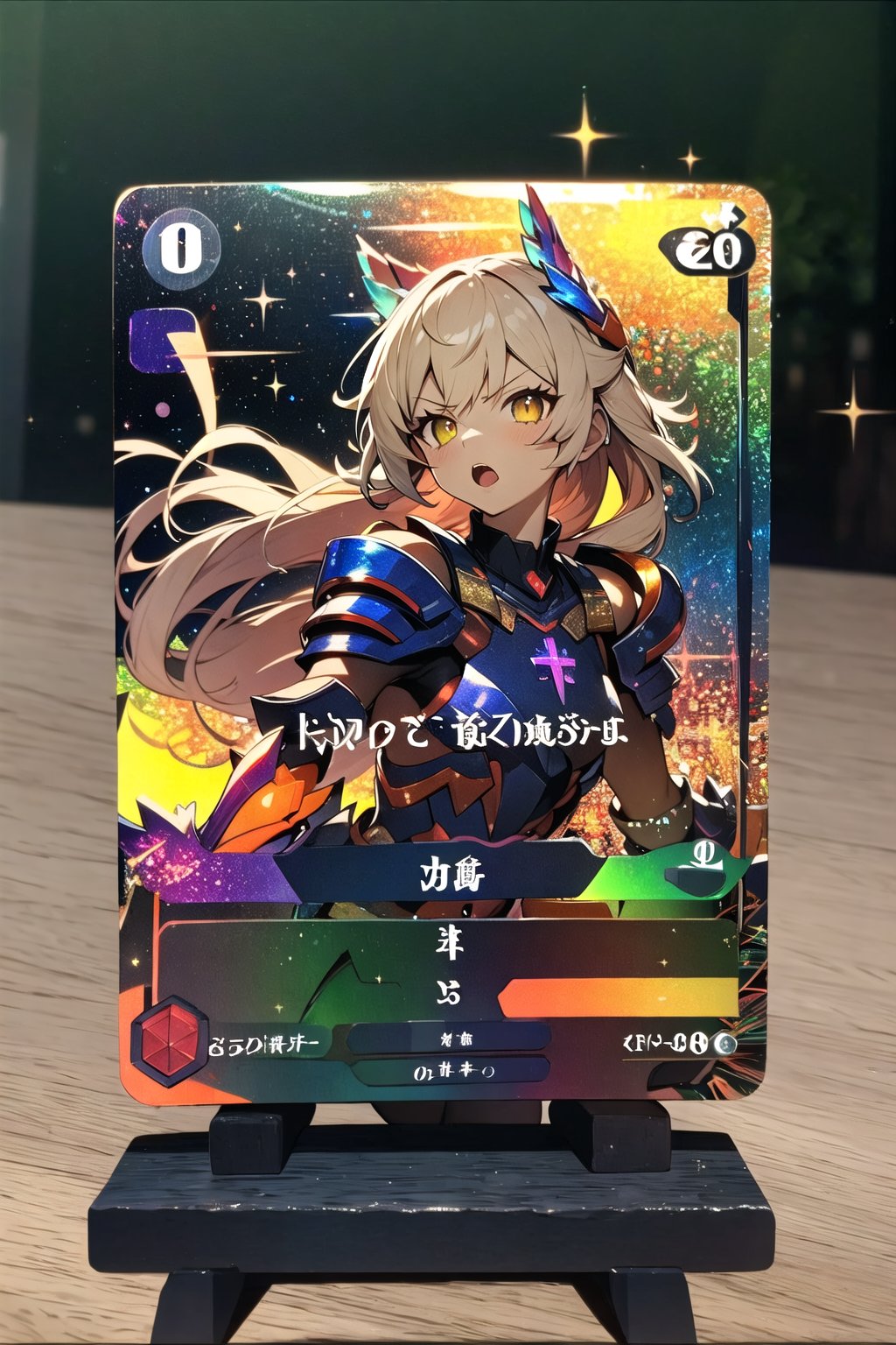 (Masterpiece, best quality:1.4), insaneres, top quality, 8k resolution, card_(/medium), holofoil, diffraction, border, 1girl, (shiny:1.3), beautiful, warrior, fire, angry, open mouth, armor, charging, looking at viewer, (stats:1.3), numbered, kanji, japanese text, motion blur, bokeh, deep depth of field, volumetric lighting, (shimmer,glitter:1.3), traditional media, colorful, vivid, card, outside border, border, reflective surface, yellow eyes, <lora:HOLOFOIL-20:1.2>