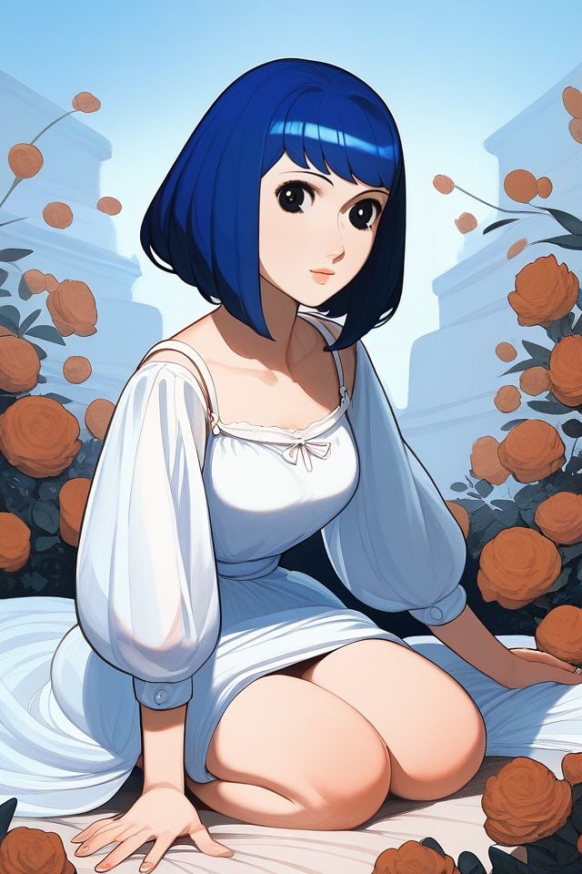 score_9, score_8_up, score_7_up, 1girl, blue hair, wispy_bangs, black eyes, kneeling, beautiful background <lora:Osamu_Tezuka_PonyXL_style_v01.10.02.02:1>