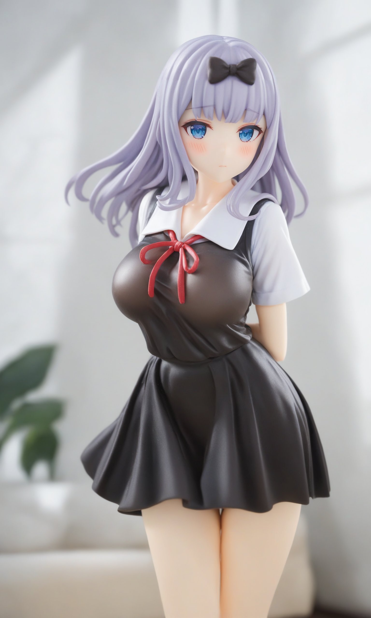 figure,masterpiece,best quality,<lora:fujiwara_chika:1>,1girl,fujiwara chika,shuuchiin academy school uniform,solo,blush,black bow,black dress,looking at viewer,red ribbon,short sleeves,indoors,arms behind back,neck ribbon,pinafore dress,closed mouth,summer uniform,cowboy shot,collarbone,