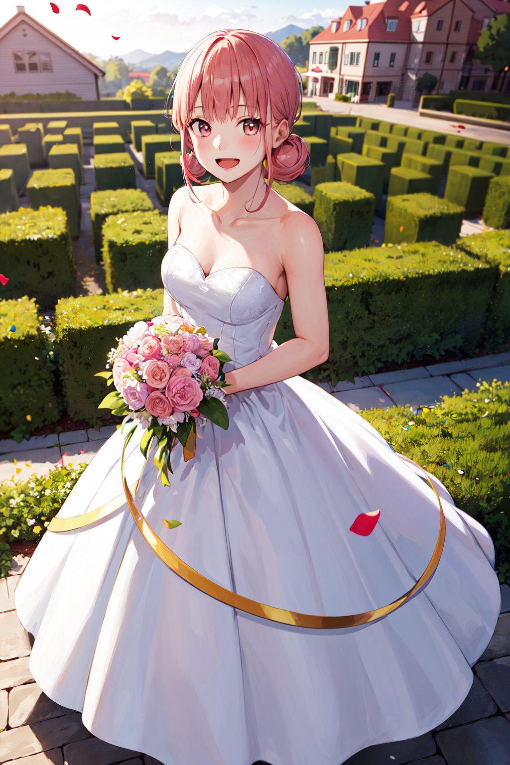 masterpiece, best quality, highres, 1girl, solo, short hair, double bun, pink hair, brown eyes, <lora:chono_hina_v1:0.7>, wedding dress, standing, open mouth, smile, garden, confetti, holding bouquet, 