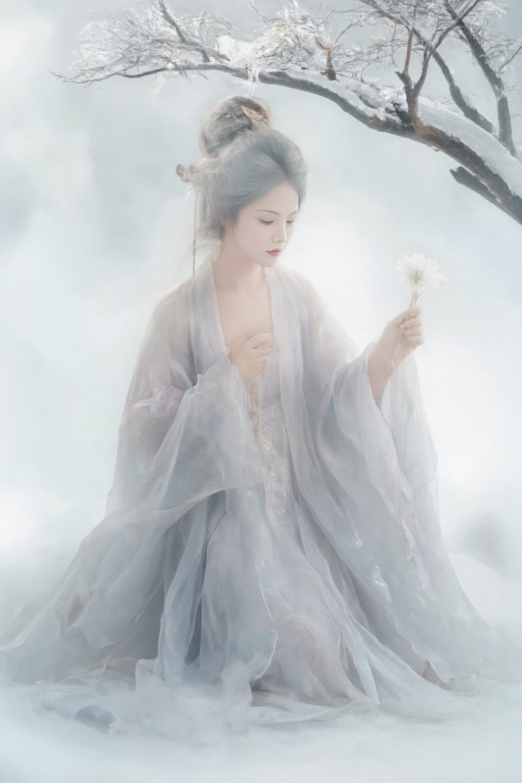 girl,long hair,face to the view,close up,looking at viewer,long dress,clothes flowing,zen atmosphere,white background,sitting,silver long hair,white air ornament,white hair bun,white flower,white tree,outdoors,snow,single hair bun,wide sleeves,bare tree,watermark,holding,holding flower,long sleeves,robe,hair pulled back,day,novel illustration,high quality,8K,snow hanfu,hanfu,