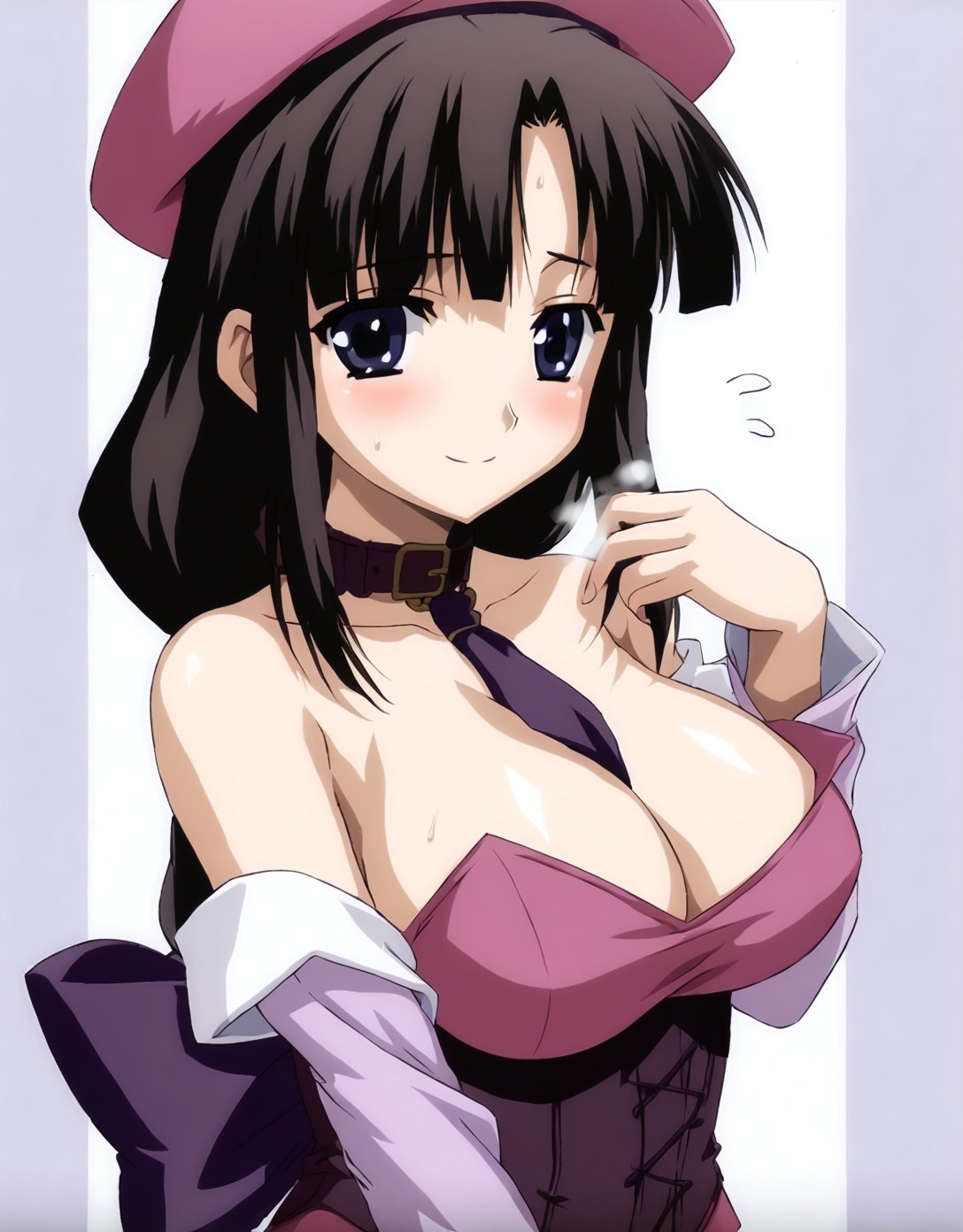 score 9, score 8 up, score 7 up, rating questionable,detailed background,<lora:youko.pony:1>,youko,large breasts,looking at viewer, happy, blush, smile, sweat, sweatdrops, steam, sexually suggestive, hat, purple dress, collar, necktie, arm warmer, corset, layered skirts, bare shoulder,  turtleneck, halter neck, 