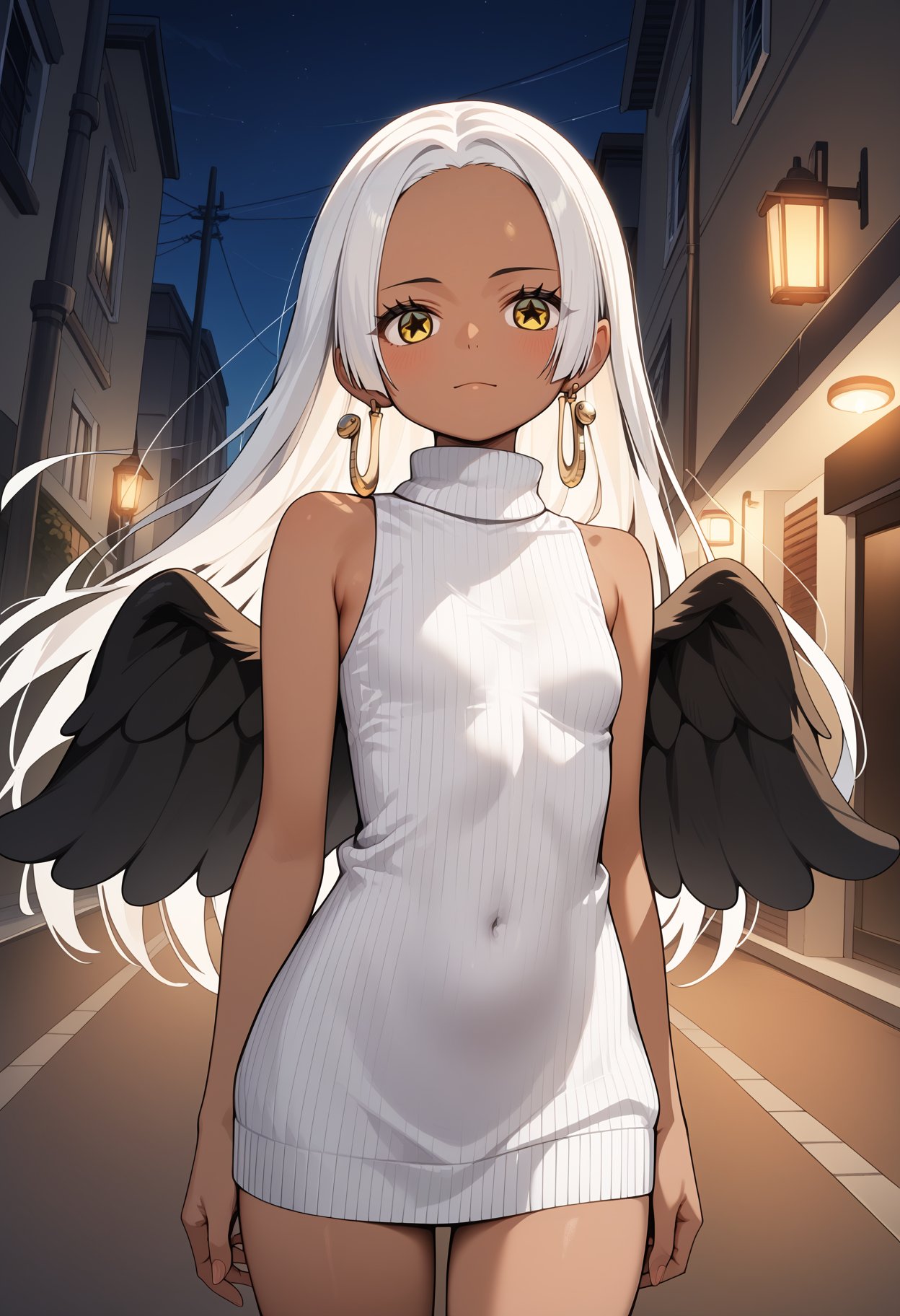 score_9, score_8_up, score_7_up, score_6_up, score_5_up, score_4_up, source_anime, aasnake, long hair, white hair, dark skin, earrings, yellow eyes, symbol-shaped pupils, black wings, small breasts, <lora:s-snake_ponyxl_v1:0.9>, sweater dress, ribbed sweater, turtleneck, sleeveless, bare arms, outdoors, standing, night, street,