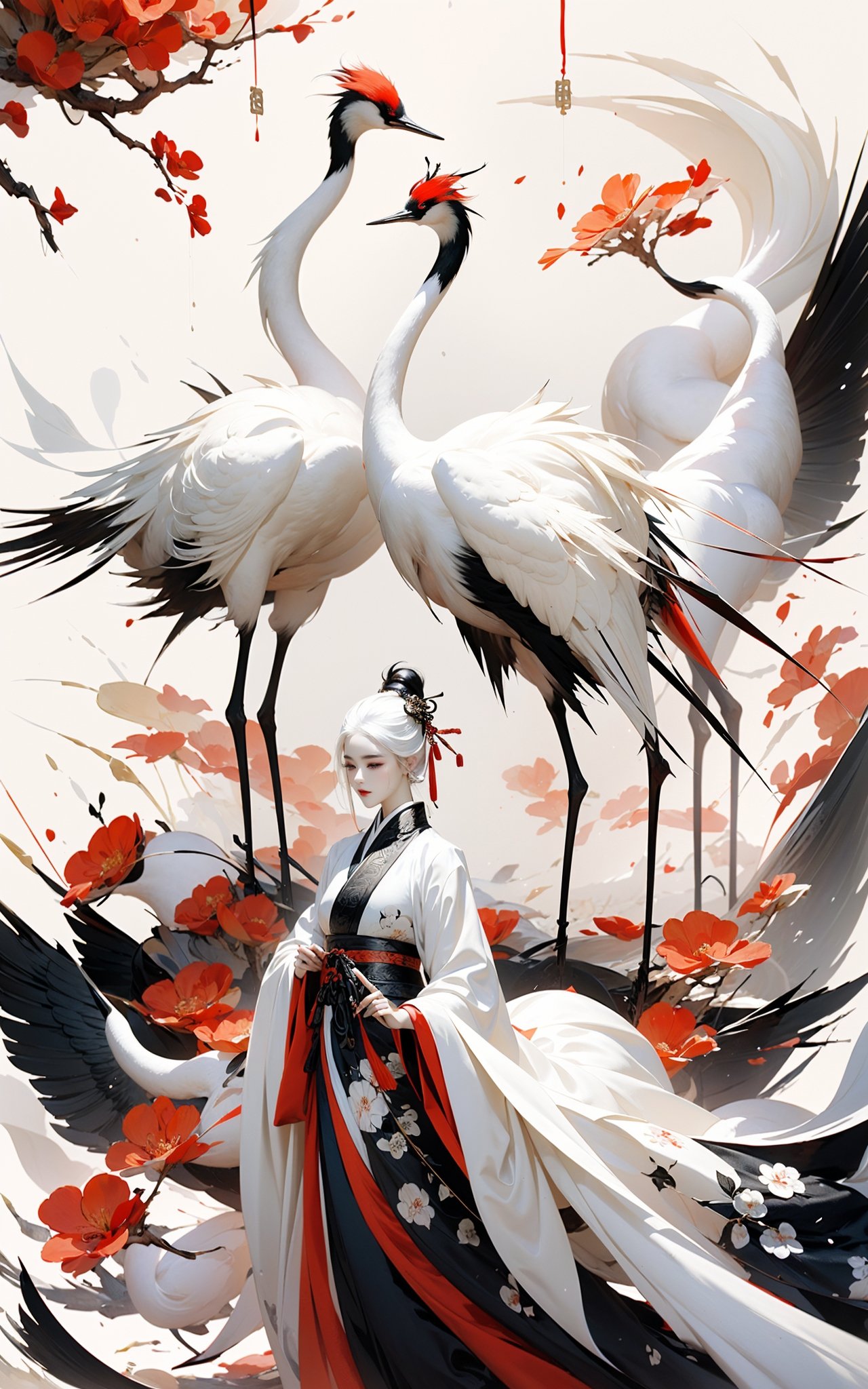 Ink painting, ink painting, splash-ink, ink splash, calligraphy, Chinese characters, Chinese character background，Red crowned crane，1girl，White hair, Hanfu,<lora:绪儿-鹤 Red crowned crane:0.8>