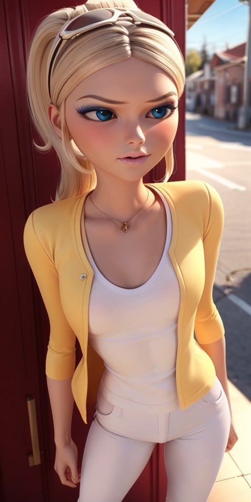 Hyperrealistic, photorealistic, super detailed, (unbuttoned yellow jacket), (white T-shirt), white jeans, expressive brilliant cobalt blue eyes, perfect face, pale pink lips, light honey blonde hair, hair parted in the middle while pulled back into a high ponytail held in place by a white hair tie, pale light grayish cerulean eye-shadow, light scarlet blush, pale, light pink lipgloss, body like in real life, large pores, fair skin, slender, beautiful arms, very little very flat breasts, unreal engine, octane render, droped shadow, bokeh, cinematic lighting, <lora:add_detail:0.5>, <lora:Volumetric_lighting:0.6>, Chloe Bourgeois, , <lora:a24b2644-9452-483e-9fb6-638ba1ae90ac:0.7>