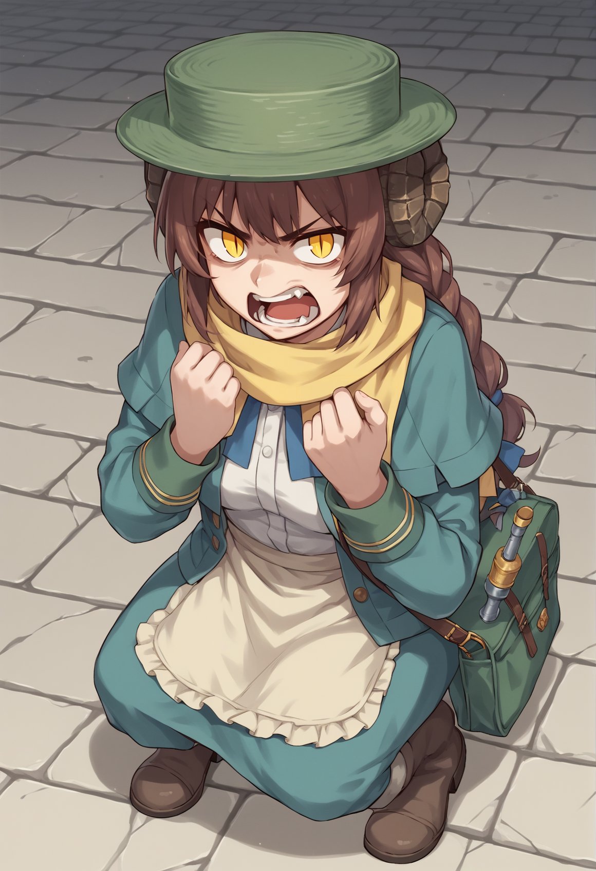 1girl, brown hair, yellow eyes, long hair, braid, horns, white shirt, ribbon, hat, scarf, capelet, green jacket, green skirt, apron, bag, boots, ((holding hammer)), squatting, angry, slit pupils, open mouth, angry, looking at viewer, from above <lora:Mary_Anning:0.8>, score_9, score_8_up, score_7_up, score_6_up, score_5_up, score_4_up, BREAK source_anime, masterpiece