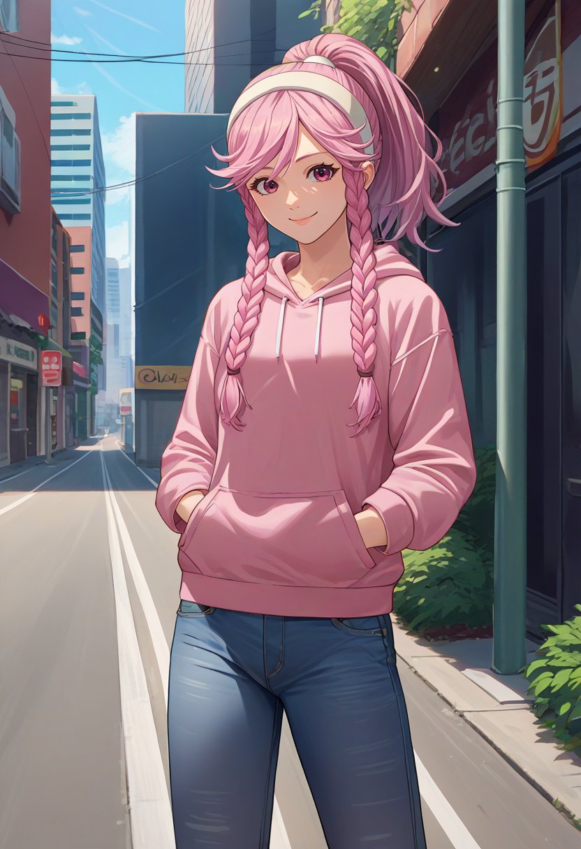 score_9, score_8_up, score_7_up, source_anime, solo, 1girl, oliviadef, smile, looking at viewer, standing, hands in pockets, twin braids, ponytail, hairband, pink hoodie, jeans, outdoors, city street <lora:fireemblem_oliviadef_ponyXL:1>