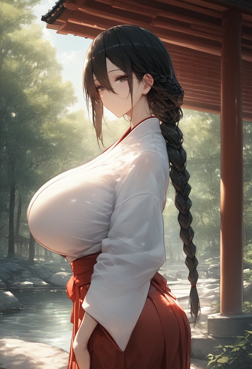 score_9, score_8_up, score_7_up, score_6_up, source_anime, <lora:RLI 0.2v:1>, RLI,1girl, solo, long hair, looking at viewer, skirt, black hair, long sleeves, huge breasts, hair between eyes, closed mouth, standing, braid, outdoors, japanese clothes, day, wide sleeves, kimono, black eyes, from side, tree, single braid, sunlight, hakama, nature, hakama skirt, forest, white kimono, miko, red hakama, dappled sunlight, shrine, tree shade, stone lantern,