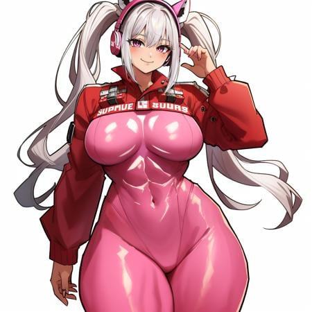 (masterpiece, best quality:1.3), DrakkaiArt, 1girl, solo, looking at viewer, wide hips, mature female, closed mouth, seductive smile, large breasts, cowboy shot, muscular female, thick thighs, <lora:DrakkaiArt Style Lora:.85>, alice \(nikke\), pink bodysuit, animal ear headphones, shiny clothes, twintails, latex bodysuit, white hair, covered navel, cropped jacket, fake animal ears, bangs, pink eyes, skin tight,  <lora:alice-lora-v3-128dim-20ep:.8>