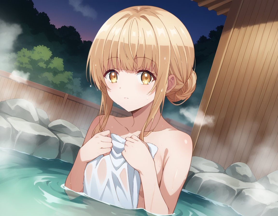 score_9, score_8_up, score_7_up, source_anime,mahirushiina, <lora:mahiru-shiina-s1-ponyxl-lora-nochekaiser:1>mahiru shiina, bangs, blonde hair, brown hair, yellow eyes,nude, naked, outdoors, onsen, towel, naked towel, steam, bathing, nude cover, partially submerged, water, bath, steam censor, wet towel,looking at viewer, dutch angle, cowboy shot