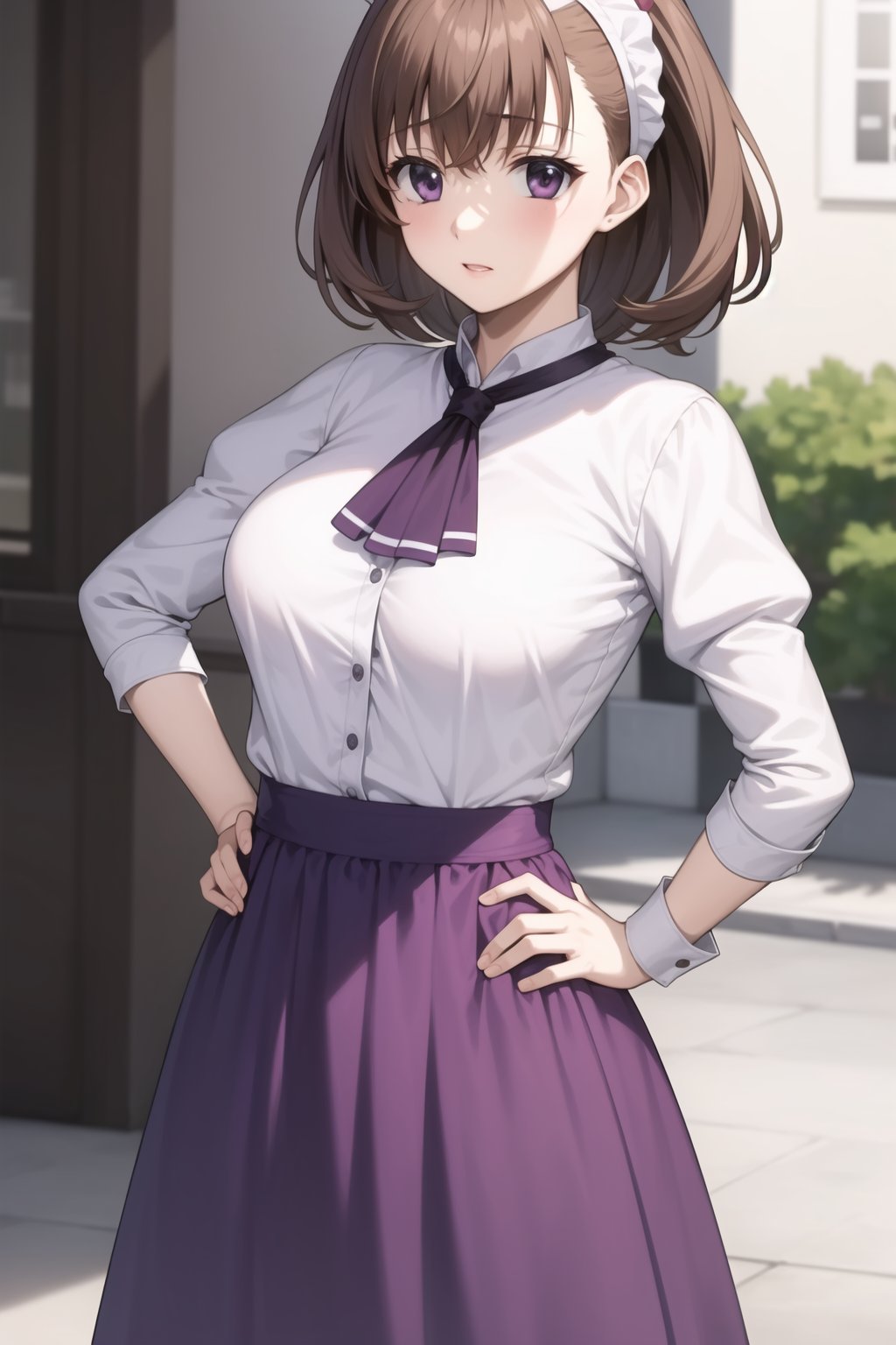 Highly detailed, High Quality, masterpiece, beautiful,BREAK 1girl, Focus solo, (young woman), (16 old), BREAK Uniform Sweet Ohara, skirt, long sleeves, dress, standing, puffy sleeves, red ascot, hands on hips, long skirt, (purple skirt:1.5), white dress, wrist_cuff, maid headdress,BREAK looking_at_viewer, front_view, (Focus breasts:1.3), motion blur<lora:EMS-434503-EMS:0.800000>