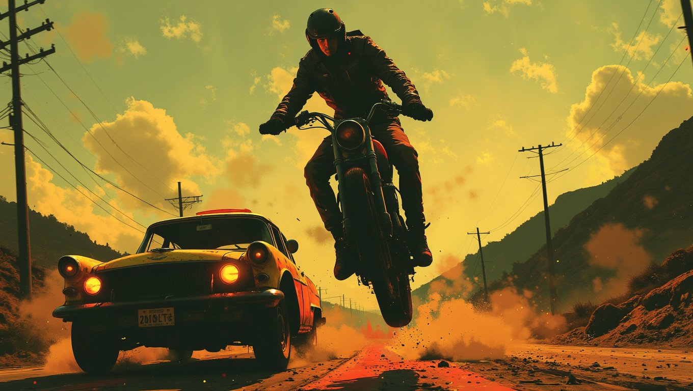 A fearless stuntman in a leather jacket and helmet, poised to leap from a speeding motorcycle onto a moving car. The road stretches out before him, and the sun sets in the distance, casting long shadows. His face is determined, ready to risk it all for the perfect shot<lora:Luminous_Shadowscape:0.8>