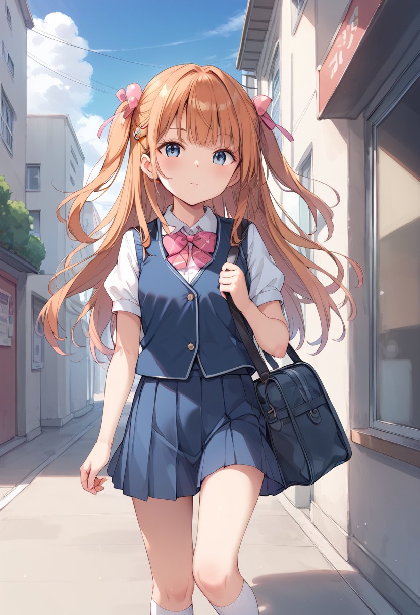 score_9, score_8_up, score_7_up, BREAK1girl, solo, school uniform, two side up, long hair, blue eyes, eyelashes, kneehighs, blue skirt, blue shirt, orange hair, socks, brown hair, walking, white legwear, outdoors, standing, bowtie, school bag, short sleeves, blue vest, miniskirt, pink bow, hair ornament, puffy sleeves, building, twintails, half updo, hair ribbon, pleated skirt, legs, expressionless, white shirt