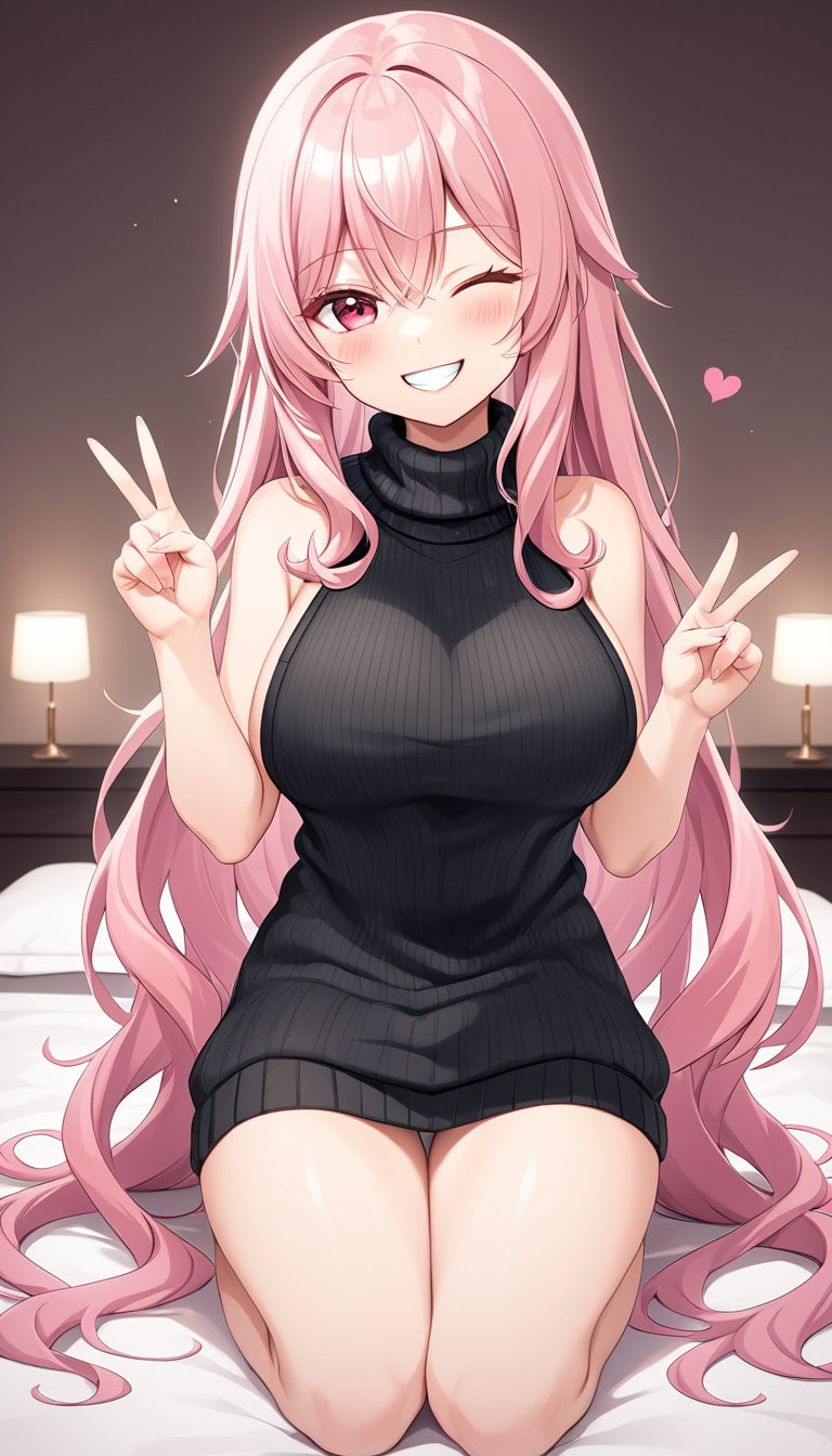 best quality, chibi, 1girl on the bed, pink hair, long wavy hair, long bangs, blush, smile, closed one eye, grin, v sign hand, large breasts, pink eye, wearing black virgin killer sweater, luxury bedroom,