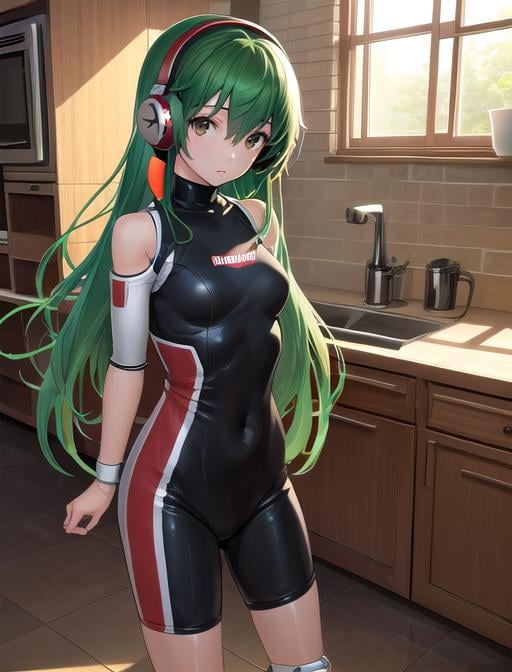 best quality, masterpiece, highres, detailed, digital artwork, <lora:Detail - add_detail:0.2>, CasiCharu, green hair, long hair, brown eyes, red headphones, android, robot joints, <lora:Character - CasiCharu:0.8>, kitchen, lonely