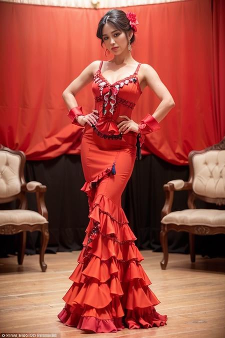 a woman is posing for a photo,(wearing flamenco_dance_dress:1.3), red dress,good hand,4k, high-res, masterpiece, best quality, head:1.3,((Hasselblad photography)), finely detailed skin, sharp focus, (cinematic lighting), collarbone, night, soft lighting, dynamic angle, [:(detailed face:1.2):0.2],(((inside theater))),     <lora:flamenco_dance_dress-10:0.5>