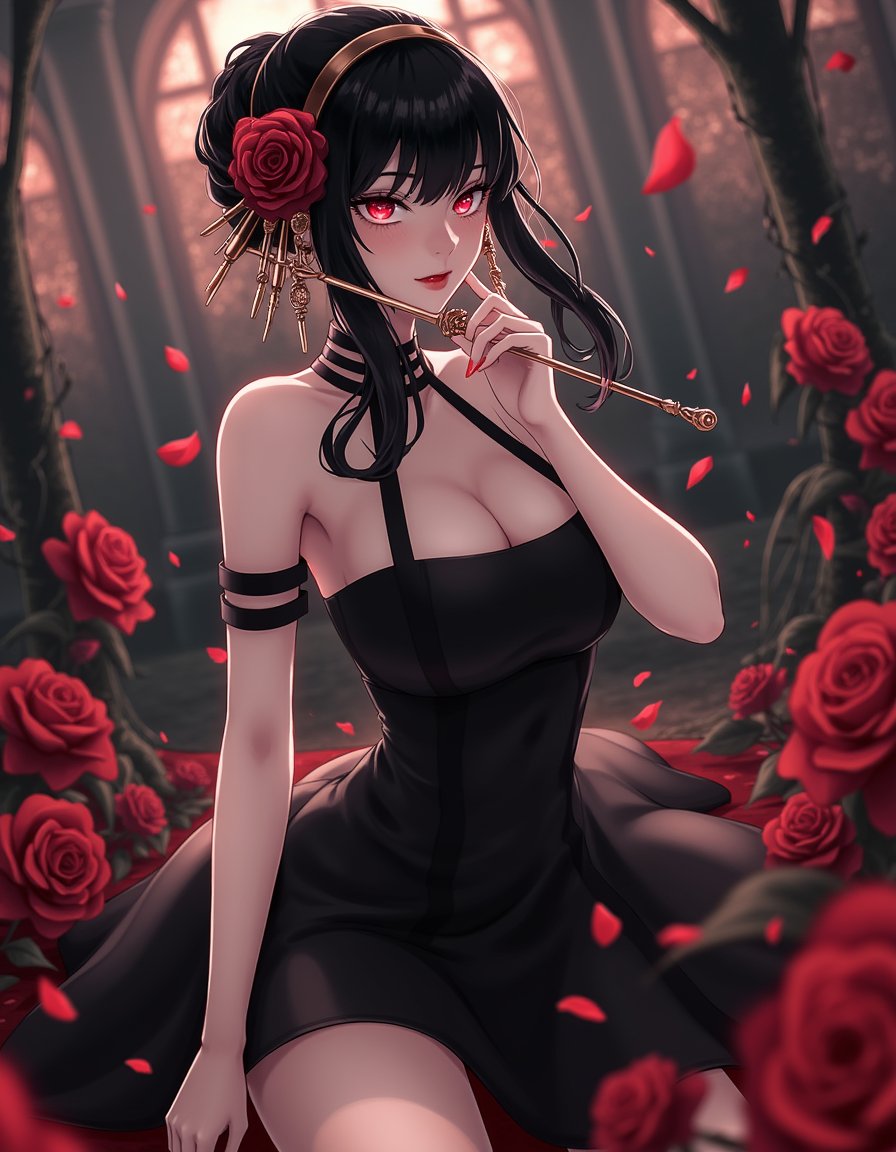 full body of yorforger2 in illustration style, she has dark hair styled in an elegant updo, adorned with a large, intricate rose hairpiece,her eyes are glowing red, she wears a black, strapless dress and have long sexy legs. the composition is very cinematic, the background is very detailed and shows the image is taken outdoor,<lora:yorforger2_000001400:1>