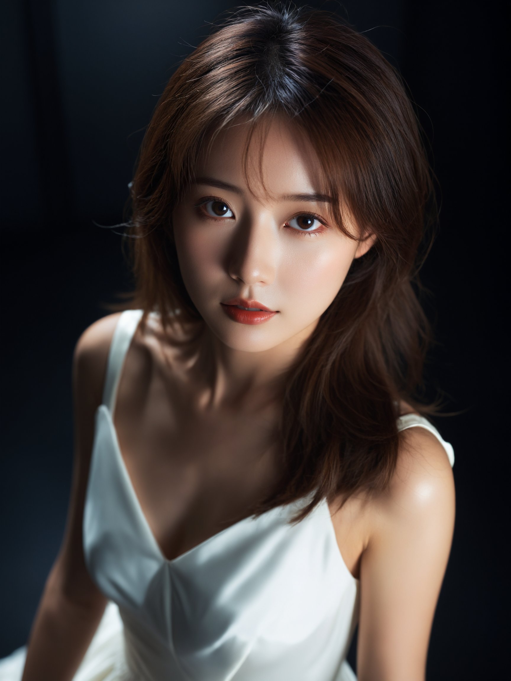 best quality, masterpiece,raw photo of asian female in white dress, close up face, brown hair, fashion accessories, looking at viewer, indoor, dark theme, dark room, from above,professional photo, high contrast exposure, soft bokeh, high key light, hard shadow, soft bokeh, simple background, 