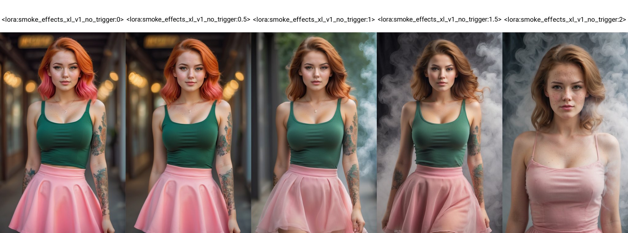 (best quality,8K,highres,masterpiece), ultra-detailed, (realistic portrait), ((27-year-old Russian girl)) with a gorgeous and cute appearance. Capture her with a ((smirk)) and highlighting her ((freckles)). She should be wearing a ((green top and pink skirt)). In the background, include a young girl in a green top and pink skirt for context. This should be a ((masterpiece)) with a ((best_quality)) in ultra-high resolution, both ((4K)) and ((8K)), incorporating ((HDR)) for added vibrancy. Utilize a ((Kodak Portra 400 lens)) to achieve a professional and timeless quality. Emphasize a ((blurry background)) with a touch of ((bokeh)) and ((lens flare)) for artistic effect. Enhance ((vibrant colors)) for a lively appearance. Ensure the photograph is ((ultra-detailed)) and showcases ((absurdres)) details. Pay extra attention to capturing the ((beautiful face)) of the subject, focusing on features such as ((large breasts)) and a ((narrow waist)). Highlight any ((tattoos)) present. The goal is to create a ((professional photograph)) that is both visually striking and technically superb.<lora:smoke_effects_xl_v1_no_trigger:0>