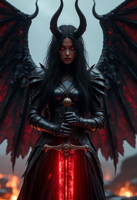 cinematic shot of an evil demon woman, black long hair, wearing shiny black armor with red details, big black wings on her back, holding a giant red glowing sword in front of her, hell in background, hkstyle, super realistic, style of epic cinematic, amazing quality