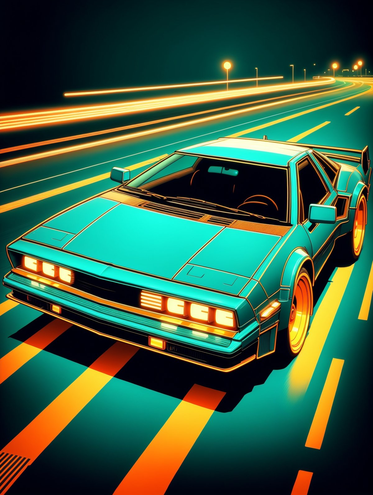 car driving fast, teal coloring, grid, orange outlines, motion blur, cyberpunk, 1980s, retro, scifi  <lora:Neon_Cyberpunk_Cyberspace_SD1.5:0.8>, (masterpiece:1.2), best quality, (hyperdetailed, highest detailed:1.2), high resolution textures 