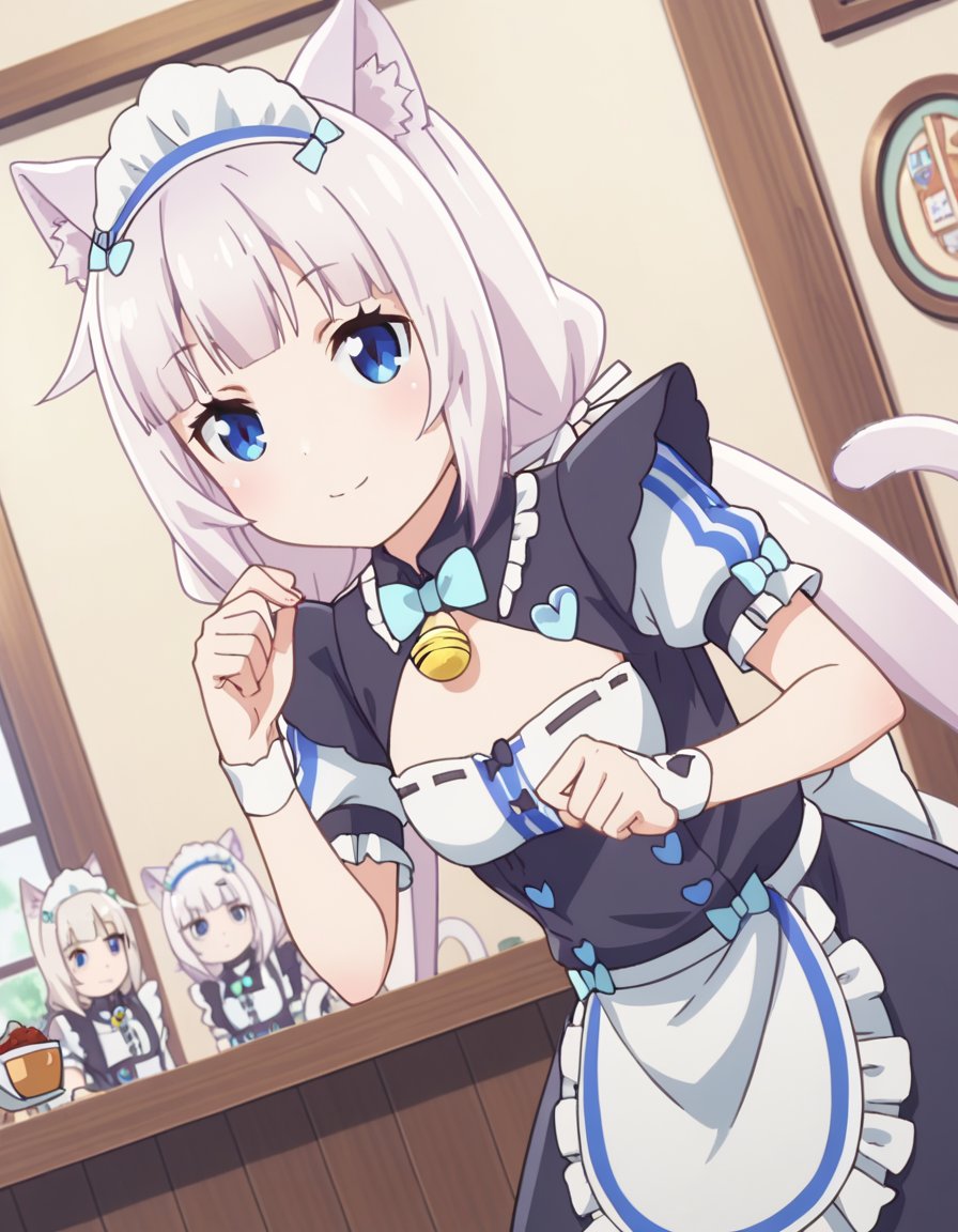 score_9, score_8_up, score_7_up, source_anime,nekoparavanilla, <lora:nekopara-vanilla-s1-ponyxl-lora-nochekaiser:1>,vanilla, long hair, bangs, blue eyes, animal ears, twintails, very long hair, white hair, cat ears, blunt bangs, animal ear fluff, low twintails, cat girl,dress, bow, tail, short sleeves, frills, bowtie, apron, cat tail, maid, maid headdress, bell, cat girl, waist apron, jingle bell, neck bell, waitress,indoors, cafe, bent over, smile,looking at viewer, solo, cowboy shot, dutch angle,