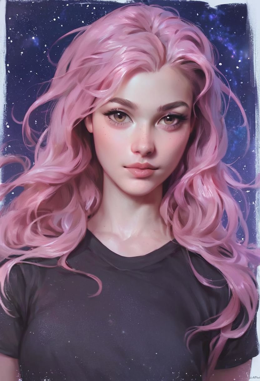 score_9, score_8_up, score_7_up, night sky, starry sky, 1girl, realistic, solo, black t-shirt, pink hair, long hair, upper body, looking at viewer