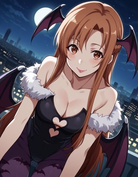 score_9, score_8_up, score_7_up, source_anime, asunayuuki, <lora:asuna-yuuki-s1-ponyxl-lora-nochekaiser:1>, asuna yuuki, long hair, brown hair, brown eyes,, <lora:morrigan-aensland-cosplay-ponyxl-lora-nochekaiser:1>, morriganaenslandcosplay,head wings, lipstick, makeup, animal print, bat print, bat wings, black leotard, cleavage, clothing cutout, demon girl, fur trim, fur-trimmed leotard, heart cutout, leotard, low wings, pantyhose, print pantyhose, purple pantyhose, wings, bare shoulders, collarbone,, outdoors, cityscape, night, moon, bent over, smile, blush,, cowboy shot, dutch angle,