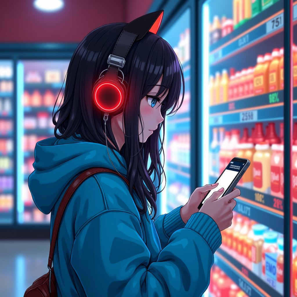 anime girl in a hat and coat using a cell phone,girl wearing headphones,pixiv frontpage,popular on pixiv,convenience store,(art station),top rated on pixiv,lofi girl,red headphones,shopping groceries,at pixiv,very detailed background,wearing a neon blue hoodie,getting groceries,headphones,mysterious coffee shop girl,detailed background,pixiv style,urban girl fanart,digital art on pixiv,wearing cat ear headphones,pixiv trending,lofi girl aesthetic,stood in a supermarket,she is holding a smartphone,checking her phone,neon shops,art - station,art-station,wearing modern headphone,inside a supermarket,wlop : :,photograph of a techwear woman,