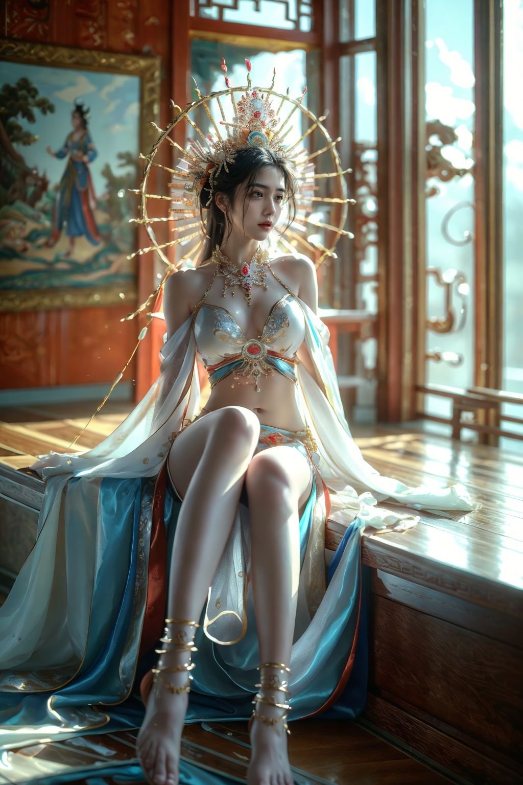 xuer Chinese goddess,1girl,(jewelry,anklet:1.3),solo,(sitting:1.2),(from side,profile:0.9),(wide shot, wide-angle lens,Panoramic:1.2),image,nostalgic paintings,Exotic Style,bull body,long sho,dancing,Martialarts and fairy - like vibe,best quality,masterpiece,Dynamic Angle,Perspective,High Point,pov,<lora:绪儿-中国女神 xuer Chinese goddess:0.75>,