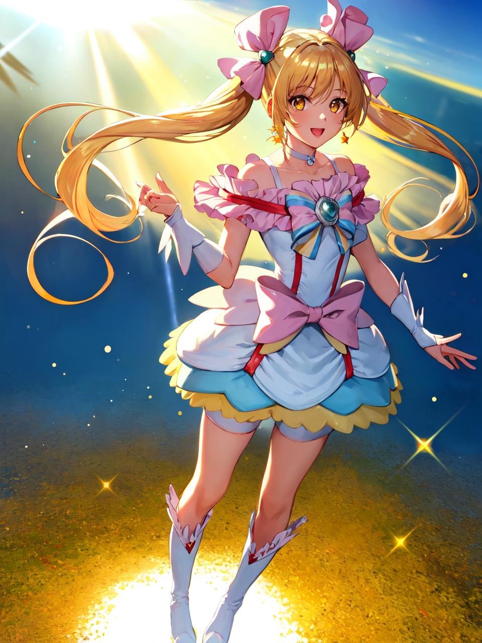 masterpiece, best quality, looking at viewer, depth of field, standing, open mouth, full body, 1girl, <lora:locon_cure_echo_01:0.9>, cure echo, blonde hair, twintails, hair ribbon, knee boots, earrings, arm warmers, brooch, choker, yellow eyes, shorts under skirt, white shorts, smile, ((gradient background)), lens flare,