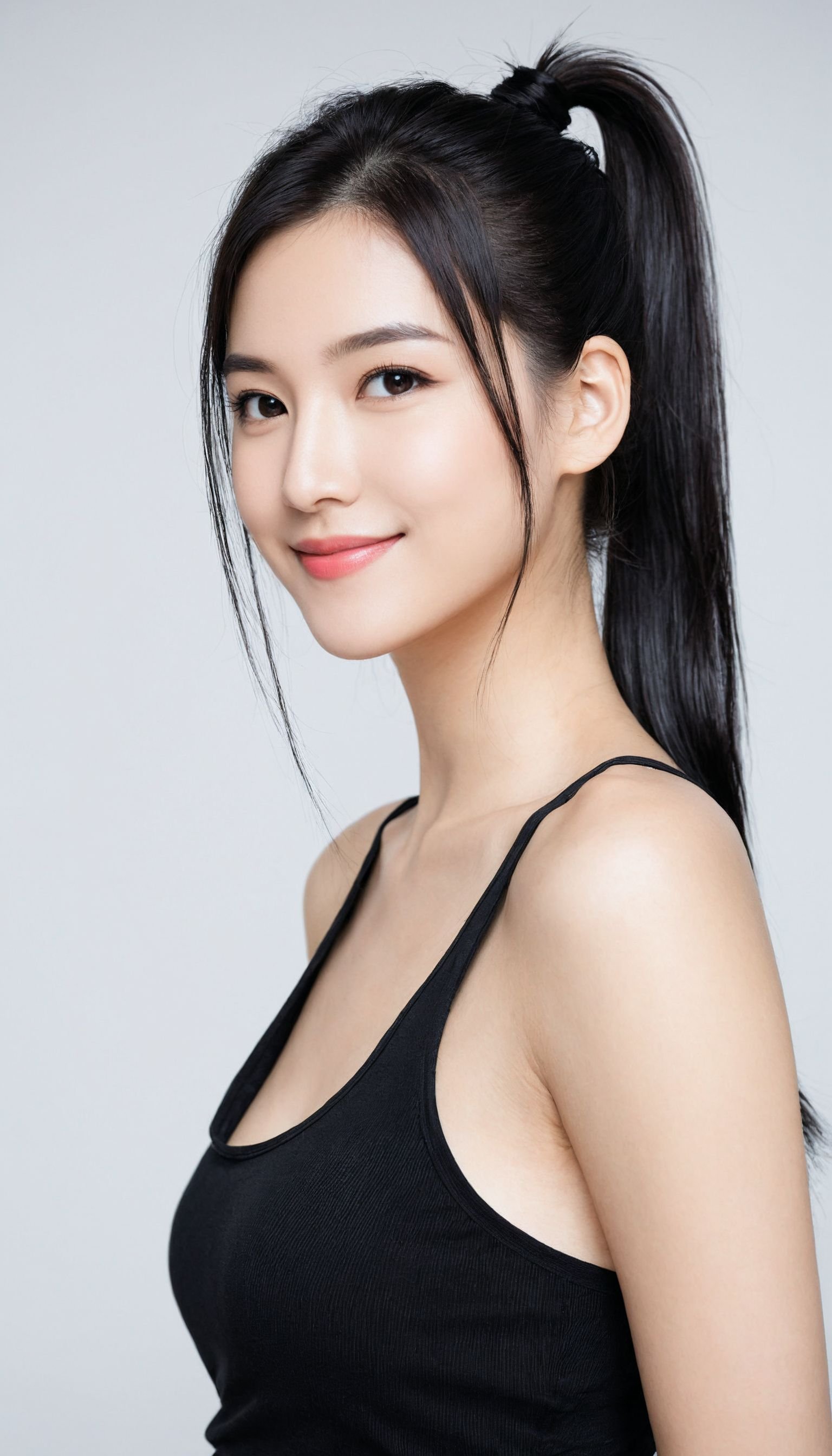 1girl, solo, black hair, ponytail, smile, lips, long hair, tank top, closed mouth, upper body, shirt, looking at viewer, bare shoulders, collarbone, black eyes, white shirt, head tilt, from side, looking at viewer,