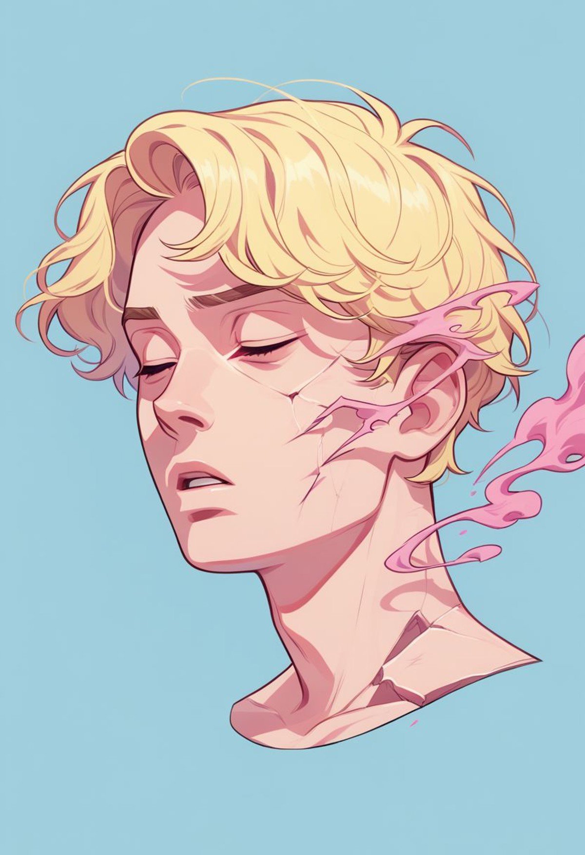 did vaporwave style, 1boy, solo, male focus, blonde hair, blue background, closed eyes, simple background, portrait, parted lips, short hair, cracked skin, pink blood, fading smoke, vapor, magic,  zPDXL2