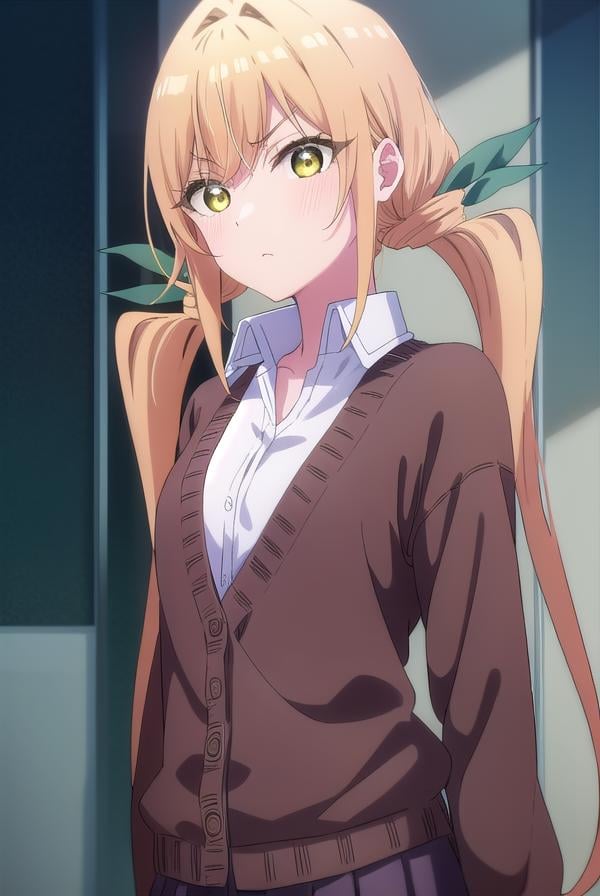 karaneinda, <lora:karane inda s1-lora-nochekaiser:1>,karane inda, long hair, bangs, blonde hair, twintails, very long hair, hair ribbon, (yellow eyes:1.3), low twintails, frown, angry,BREAK skirt, shirt, long sleeves, school uniform, white shirt, pleated skirt, collared shirt, black skirt, cardigan,BREAK indoors, classroom,BREAK looking at viewer, (cowboy shot:1.5),BREAK <lyco:GoodHands-beta2:1>, (masterpiece:1.2), best quality, high resolution, unity 8k wallpaper, (illustration:0.8), (beautiful detailed eyes:1.6), extremely detailed face, perfect lighting, extremely detailed CG, (perfect hands, perfect anatomy),