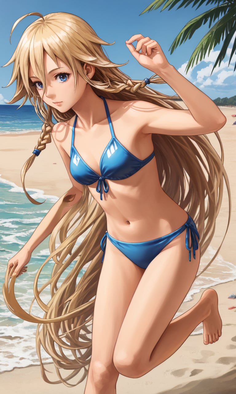 1girl, solo, cowboy shot <lora:IAXLpony1:1> ia, blonde, ahoge, twin braids, floating hair, very long hair, beach, bikini, barefoot