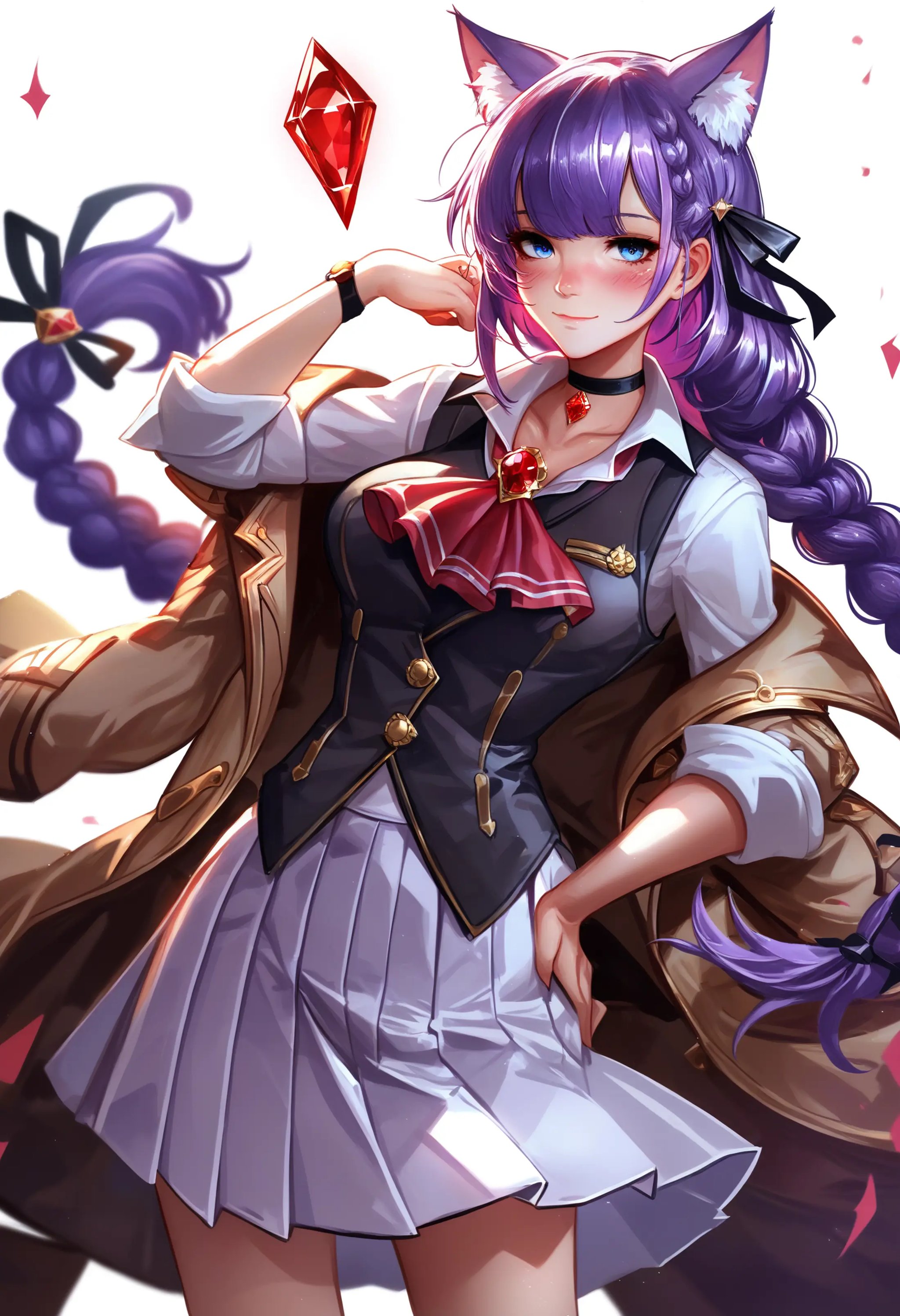 1girl,    (score_9:1.1), (score_8_up:1.1), (score_7_up:1.1), animal ears, solo, long hair, blue eyes, white background, simple background, purple hair, brown coat, animal ear fluff, coat, white skirt, ascot, looking at viewer, choker, skirt, shirt, off shoulder, cat ears, black vest, white shirt, hand on own hip, vest, long sleeves, red ascot, braid, open clothes, ribbon, hair ribbon, blush, black choker, closed mouth, black ribbon, open coat, cat girl, pleated skirt, collared shirt, red gemstone, brooch, hair intakes, single sidelock, wing collar, single braid, gem, side braid, light smile, jewelry, hand up, gem \(azur lane\), sleeves rolled up, collarbone