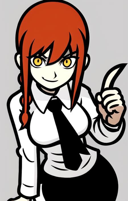 makima \(chainsaw man\), 1girl, standing, red hair, long braided hair, golden eyes, bangs, medium breasts, white shirt, black necktie, necktie, stare, smile, (evil:1.2), black pants, long pants, <lora:RhythmHeavenV1.1:0.7>, <lora:makima_offset:0.7>