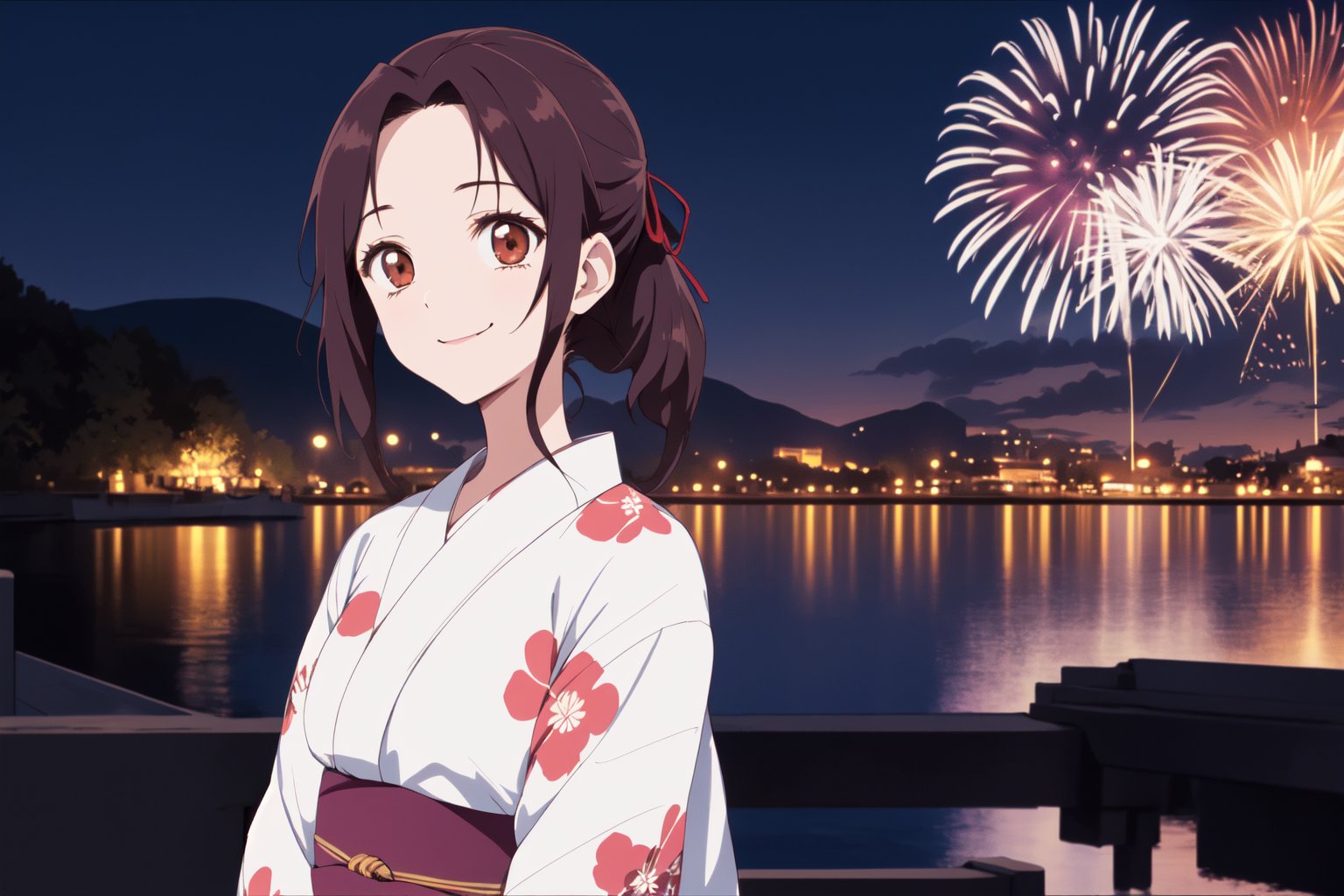 (RAW photo, best quality), 1girl,  natural lighting, <lora:aoi_takamoto_dr_elise_v1_2:1>, aoi takamotosummer, night, fireworks, yukata, smile,