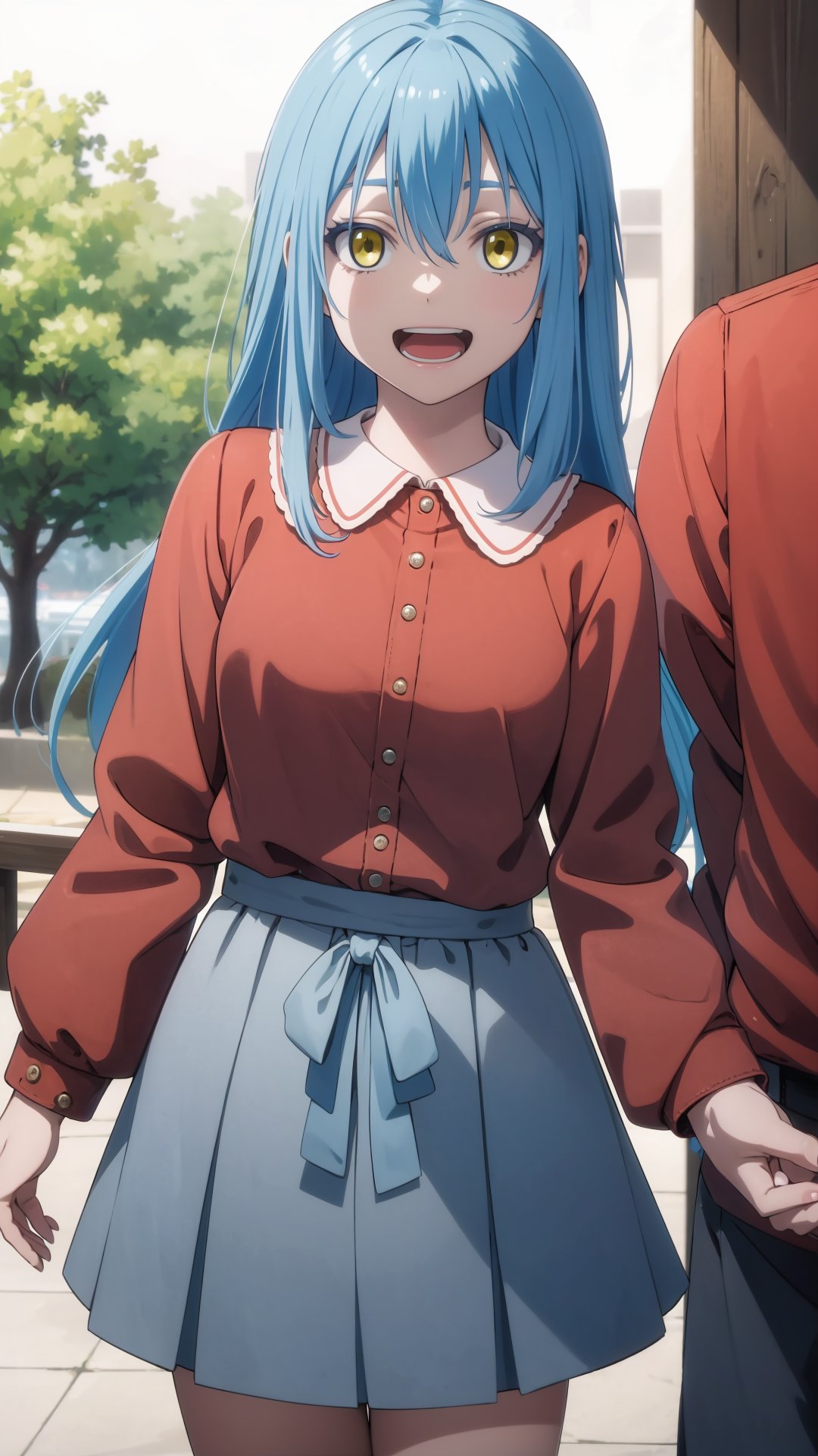 (masterpiece, best quality), ray tracing, absurdres, HDR,rimuru clothes, long hair, blue hair, yellow eyes, shirt, open mouth, red shirt, 1other, holding, rimuru tempest, skirt, bangs, pink shirt, smile, solo, hair between eyes, grey skirt, long sleeves, collared shirt, holding clothes, androgynous <lora:rimuru_clothes01:0.7>